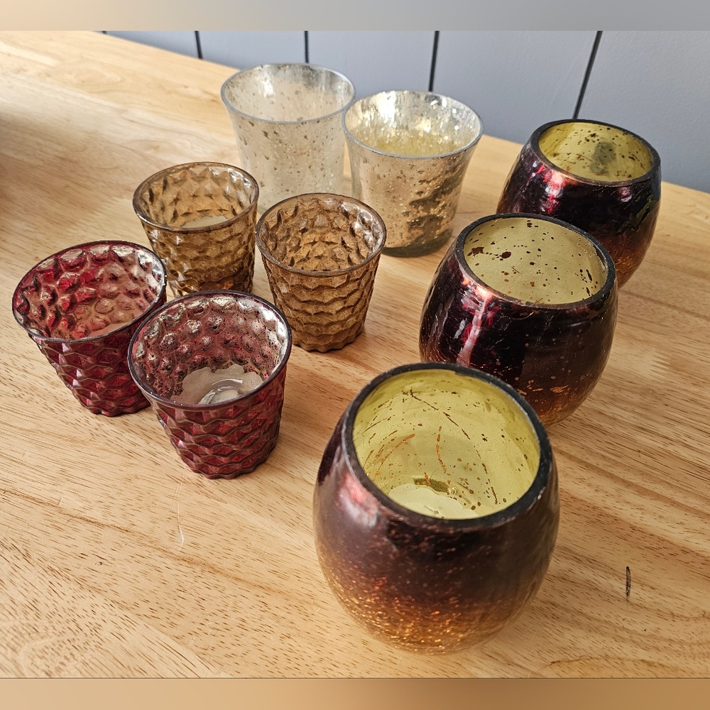 Elegant Glass Votive Candle Holders Set - Red, Gold, and Silver